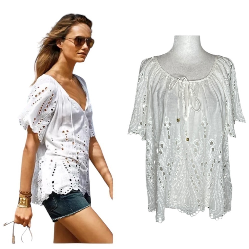 MICHAEL KORS White Cotton Eyelet 3/4 Butterfly Sleeve Cottagecore Blouse Large